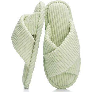 ⚡Women Green Cotton Memory Foam Bedroom Corduroy Crossbands Open Toe Shoes